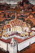 Detail of 'Ramakien' mural painting  - temple of the Emerald Buddha, Bangkok . Architectural elements in the panels are adapted from the real palaces and temples of the capital. 